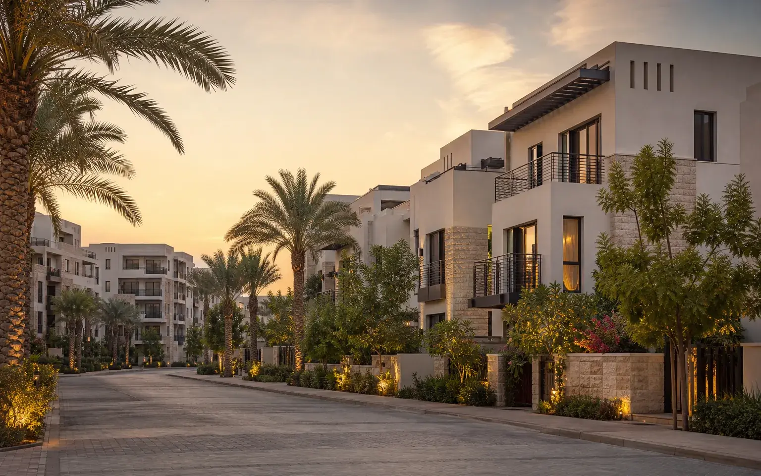 AI illustration evoking Al Furjan: townhouses and villas on palm-lined streets