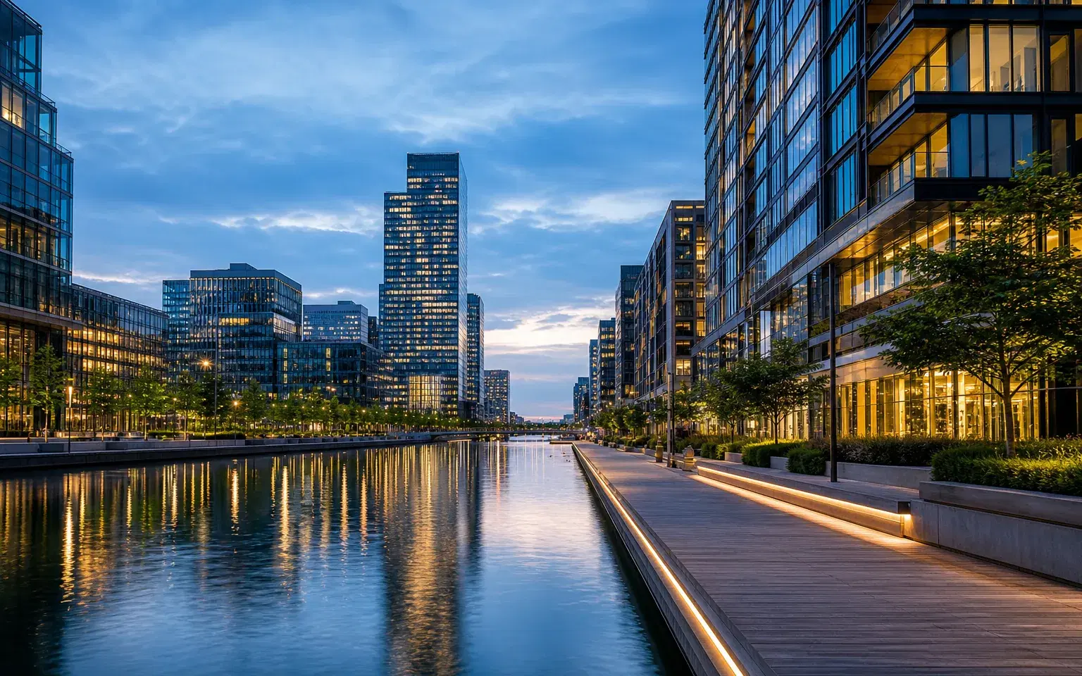 AI illustration evoking Business Bay: towers along a canal at blue hour