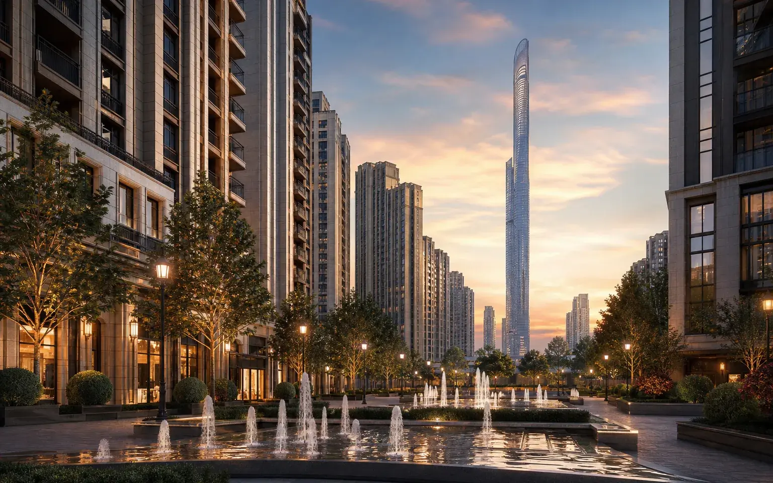 AI illustration evoking Downtown Dubai: boulevard with fountains and a supertall tower