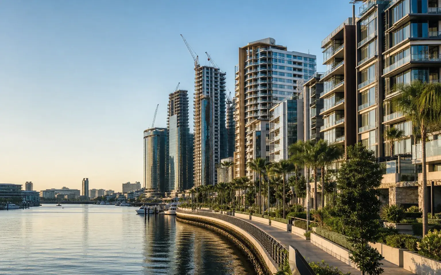 AI illustration evoking Dubai Creek Harbour: new towers on a creek promenade