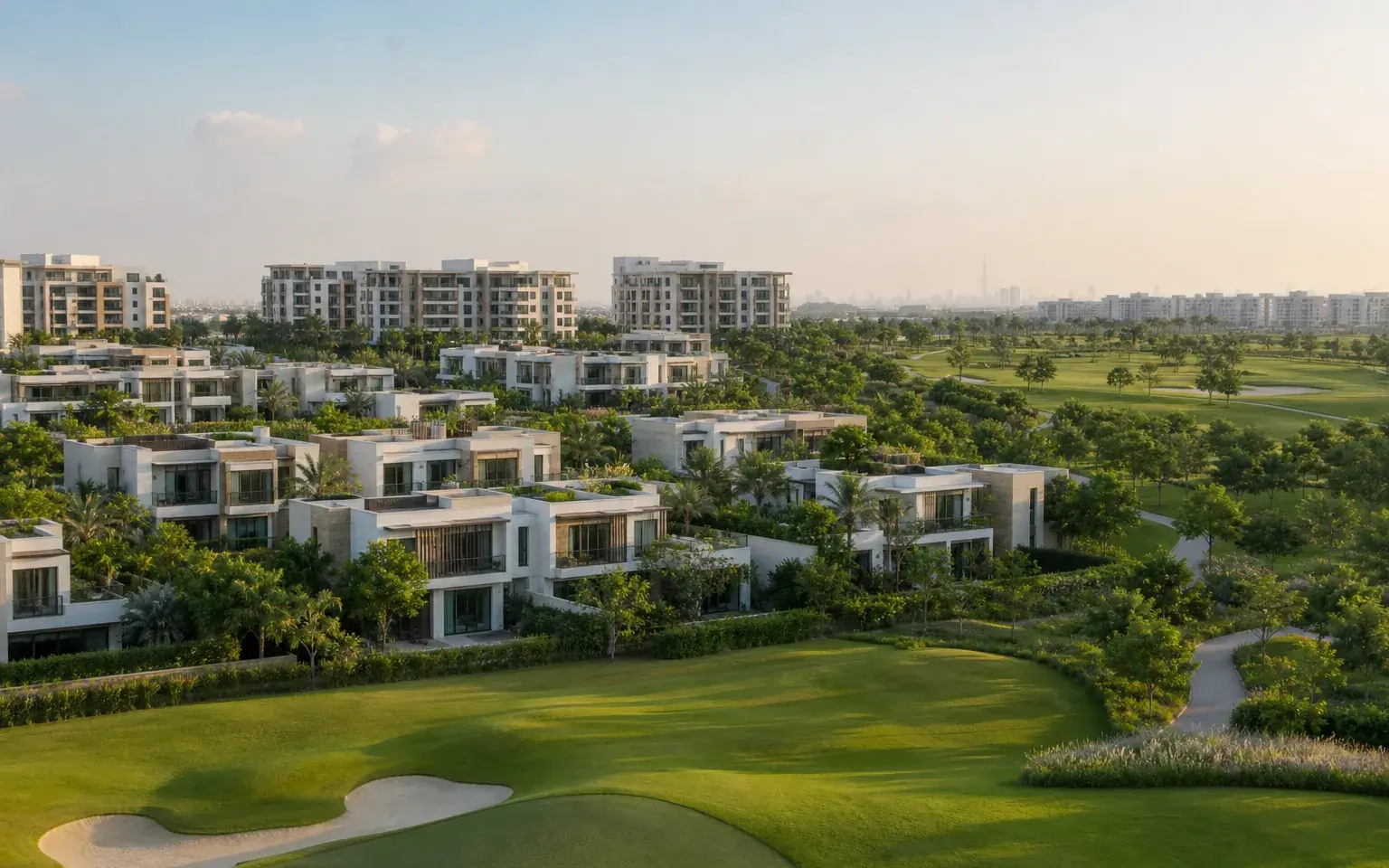 AI illustration evoking Dubai Hills Estate: villas beside a golf course and park