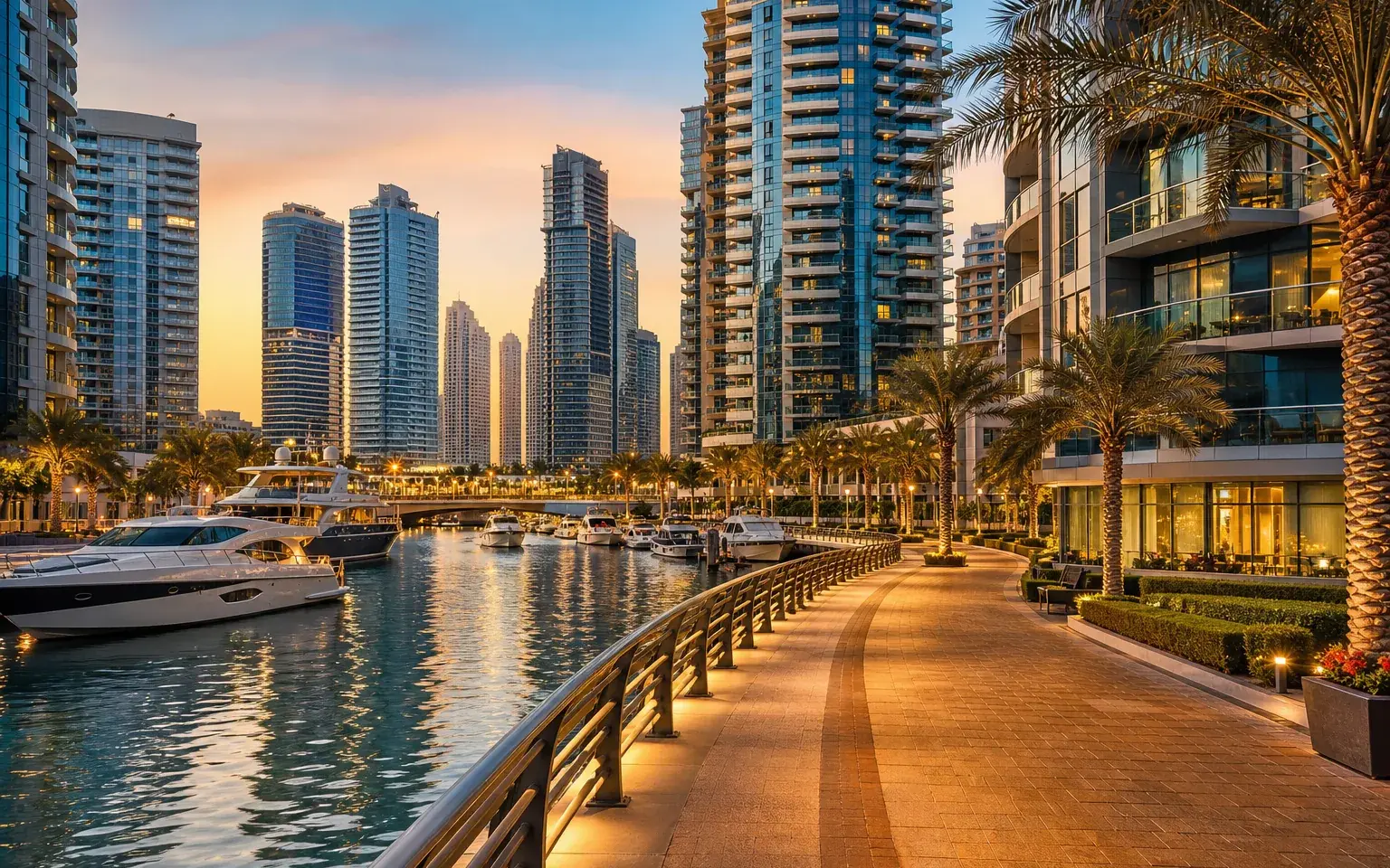 AI illustration evoking Dubai Marina: waterfront promenade with towers and yachts