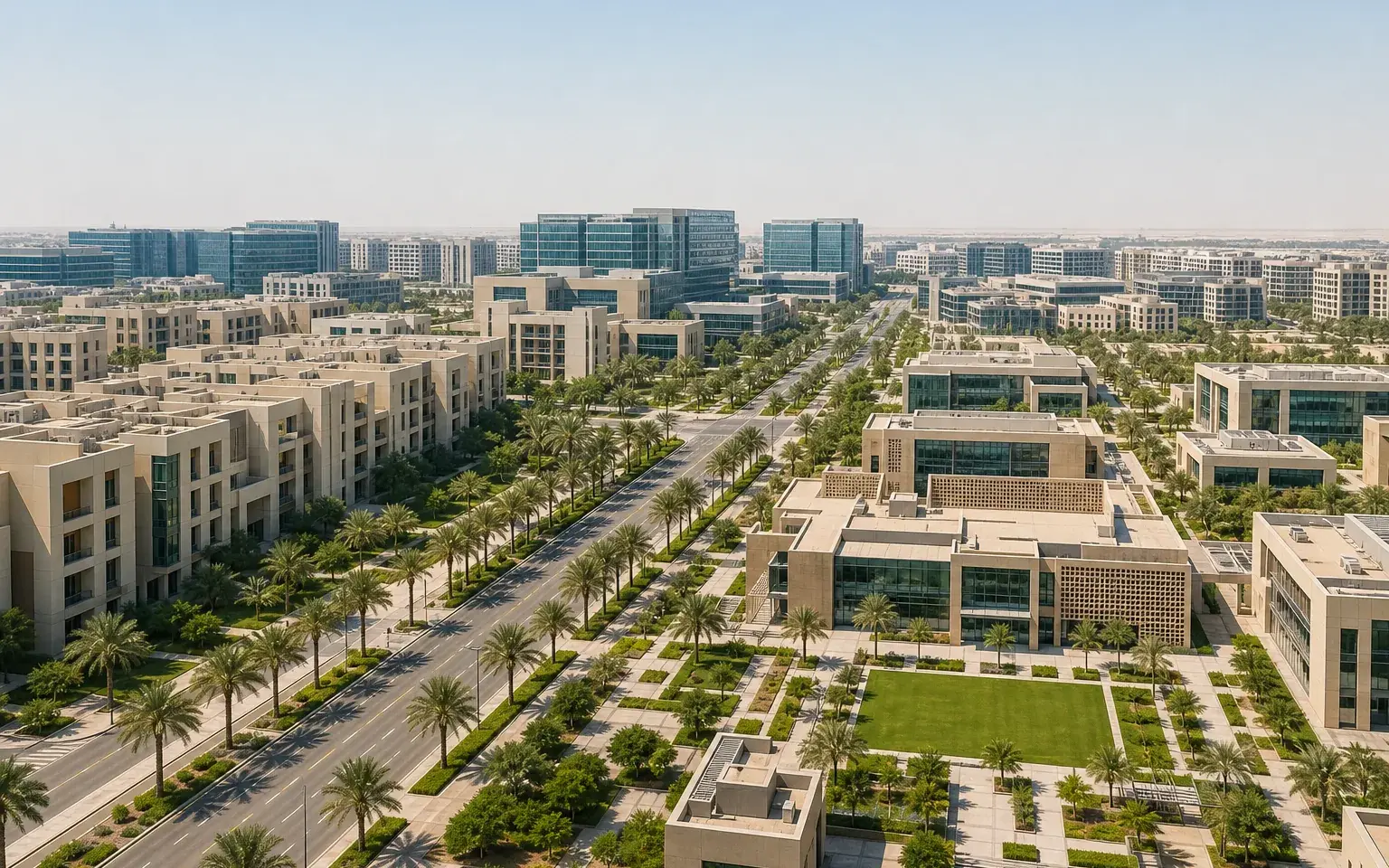 AI illustration evoking Dubai Silicon Oasis: technology-park campus and avenues