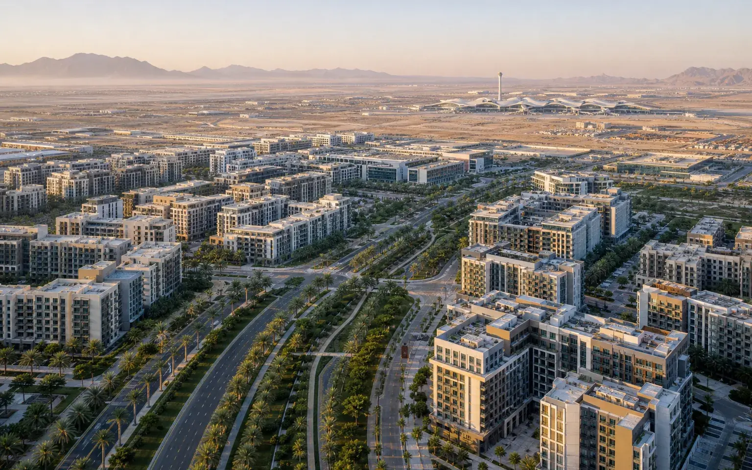 AI illustration evoking Dubai South: new master-planned district near an airport