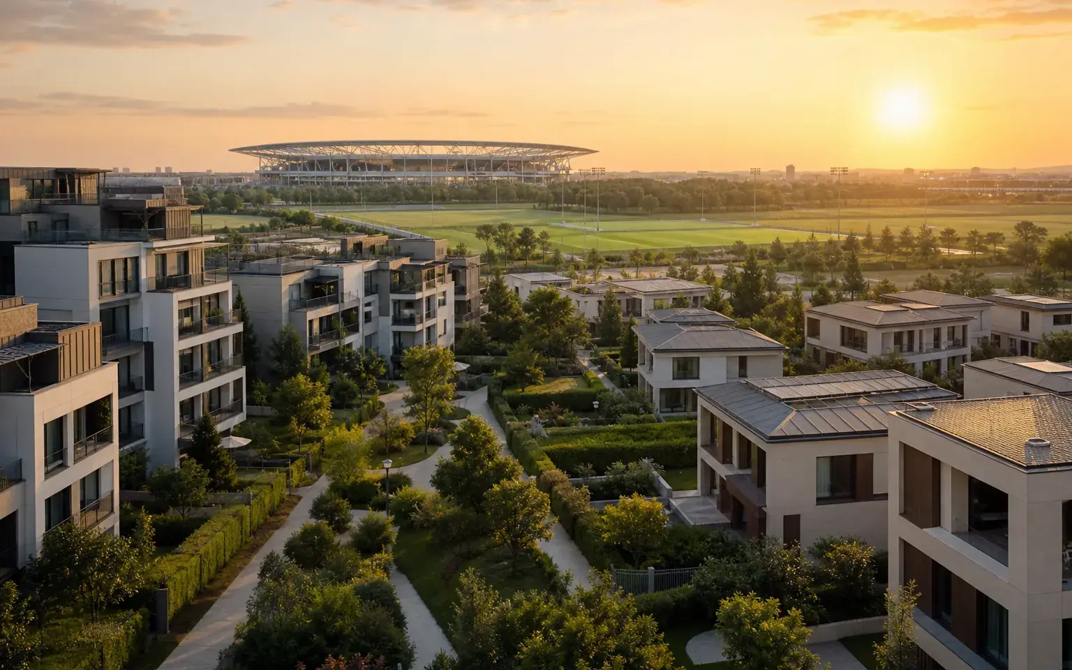 AI illustration evoking Dubai Sports City: homes near a stadium at golden hour