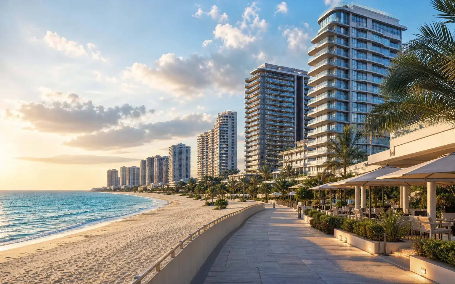 AI illustration evoking Jumeirah Beach Residence: beachfront towers and seaside walk