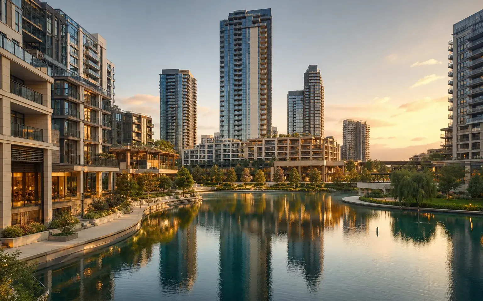 AI illustration evoking Jumeirah Lake Towers: towers around calm lakes