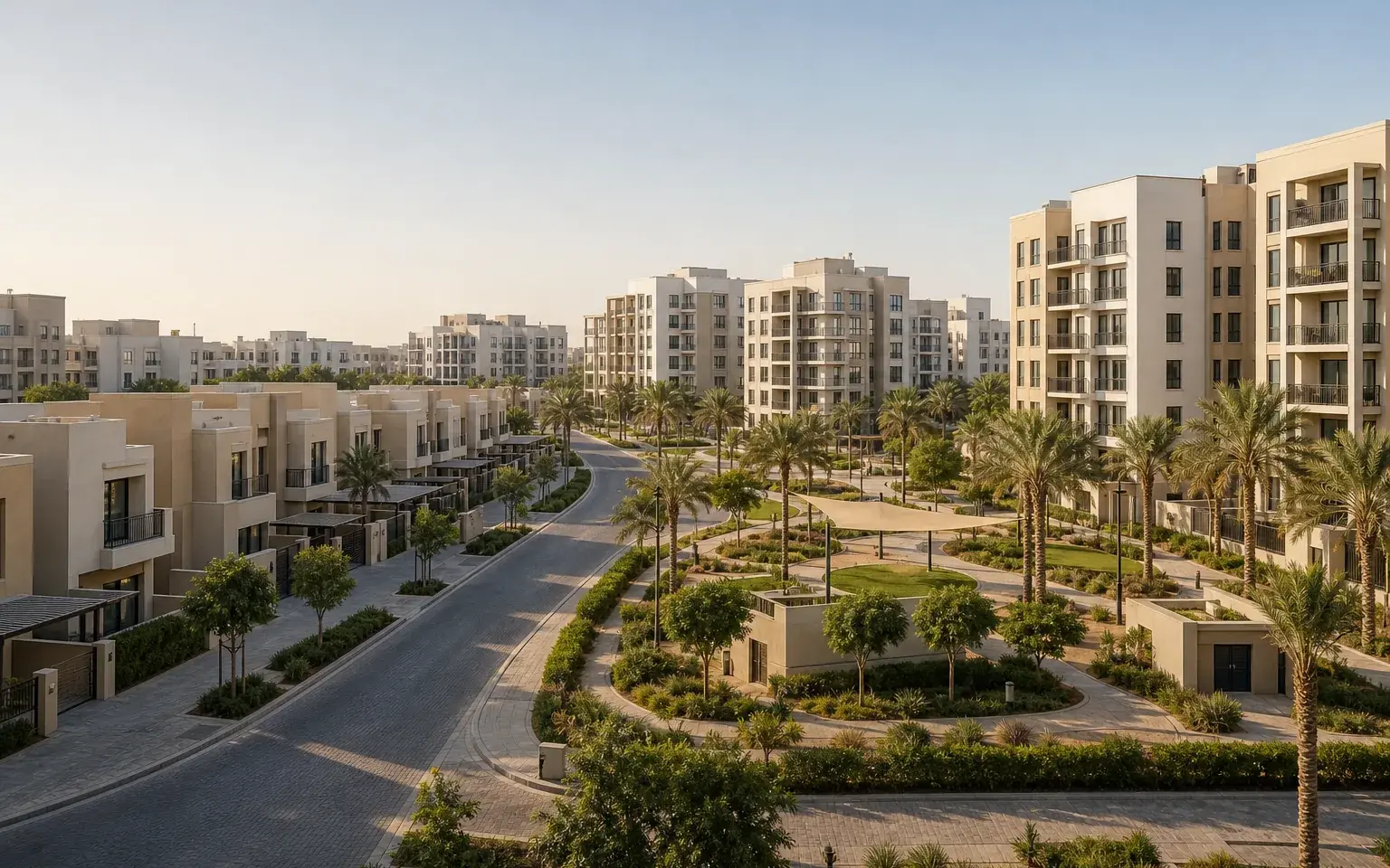 AI illustration evoking Jumeirah Village Circle: low- and mid-rise homes along curving roads