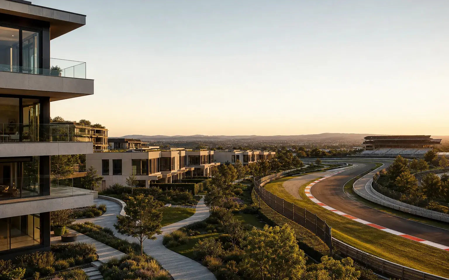AI illustration evoking Motor City: homes beside a racing circuit