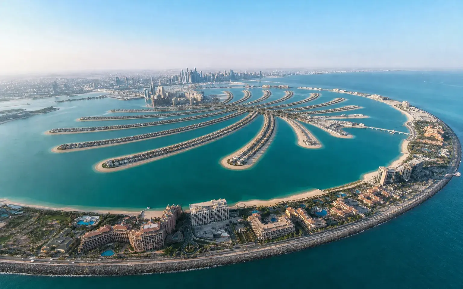 AI illustration evoking Palm Jumeirah: aerial view of a palm-shaped island