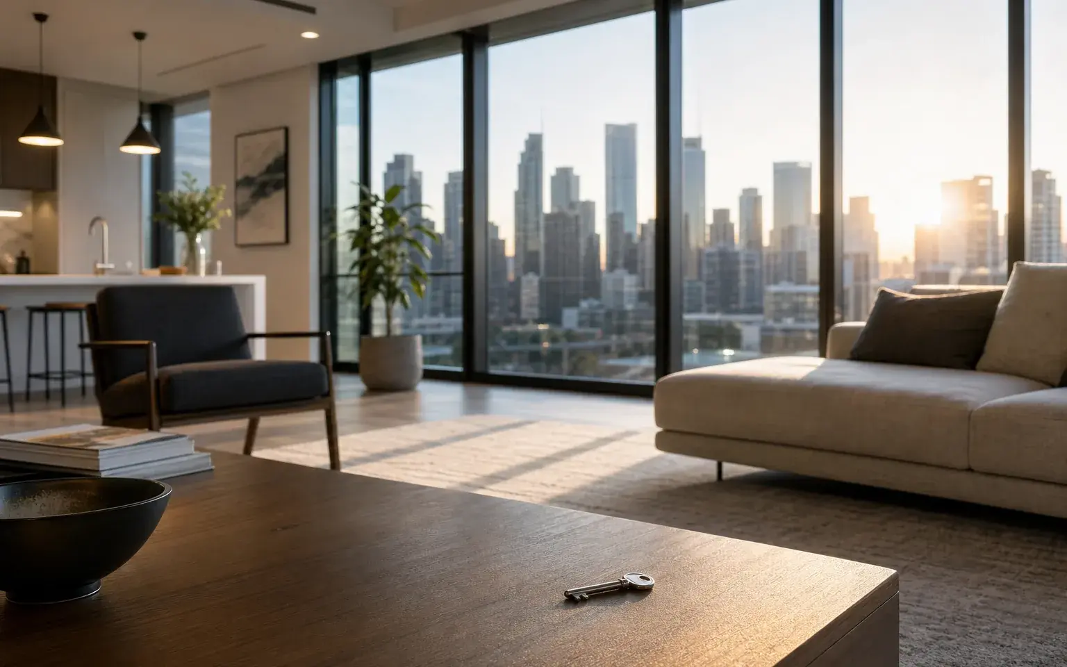 AI illustration: A key on the table in a bright new apartment