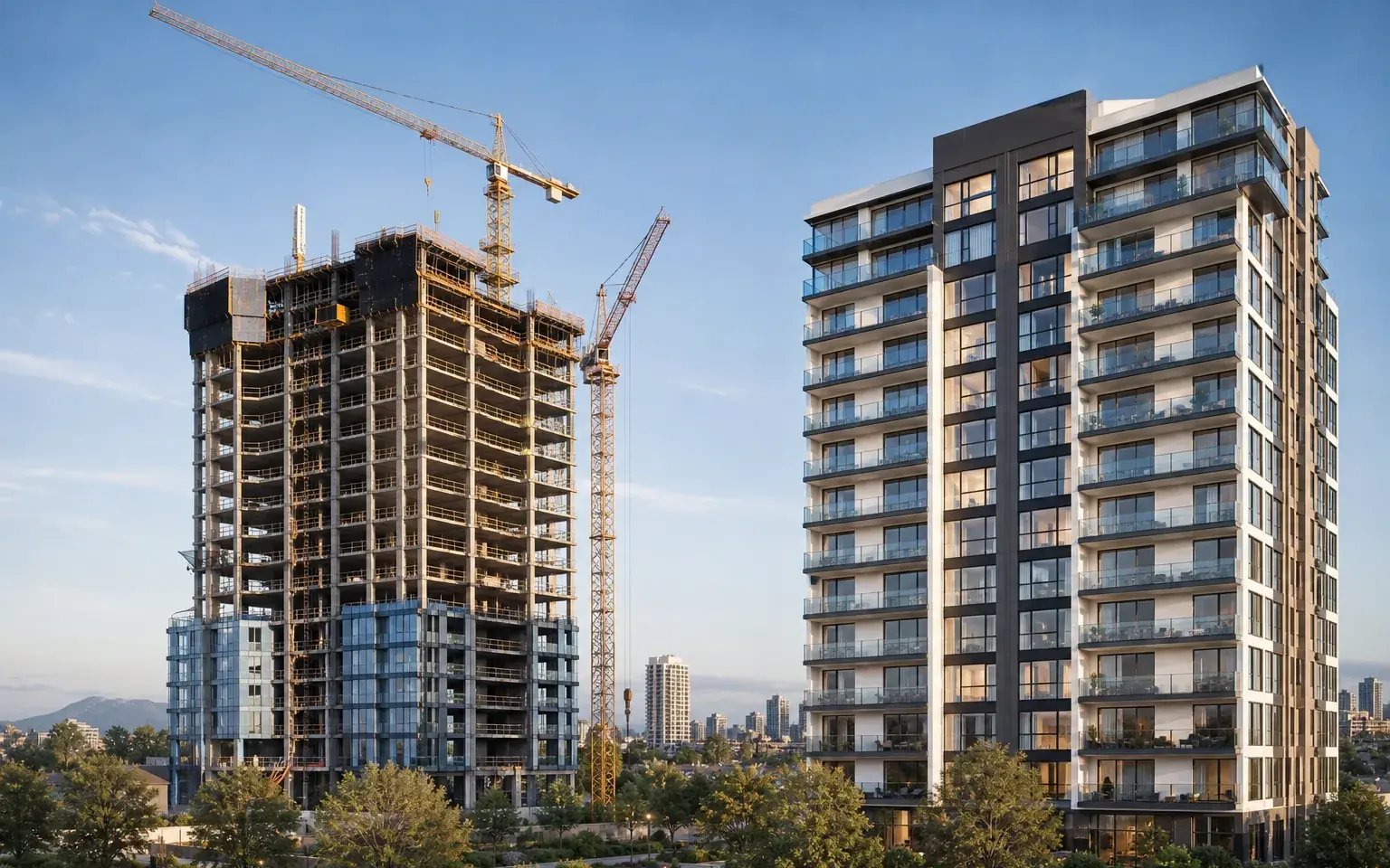 AI illustration: A tower under construction beside a finished building